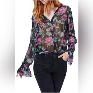 Paige Silk‎ Black Pink Floral Sheer Blouse Small Whimsigoth Dark Romantic Fairy